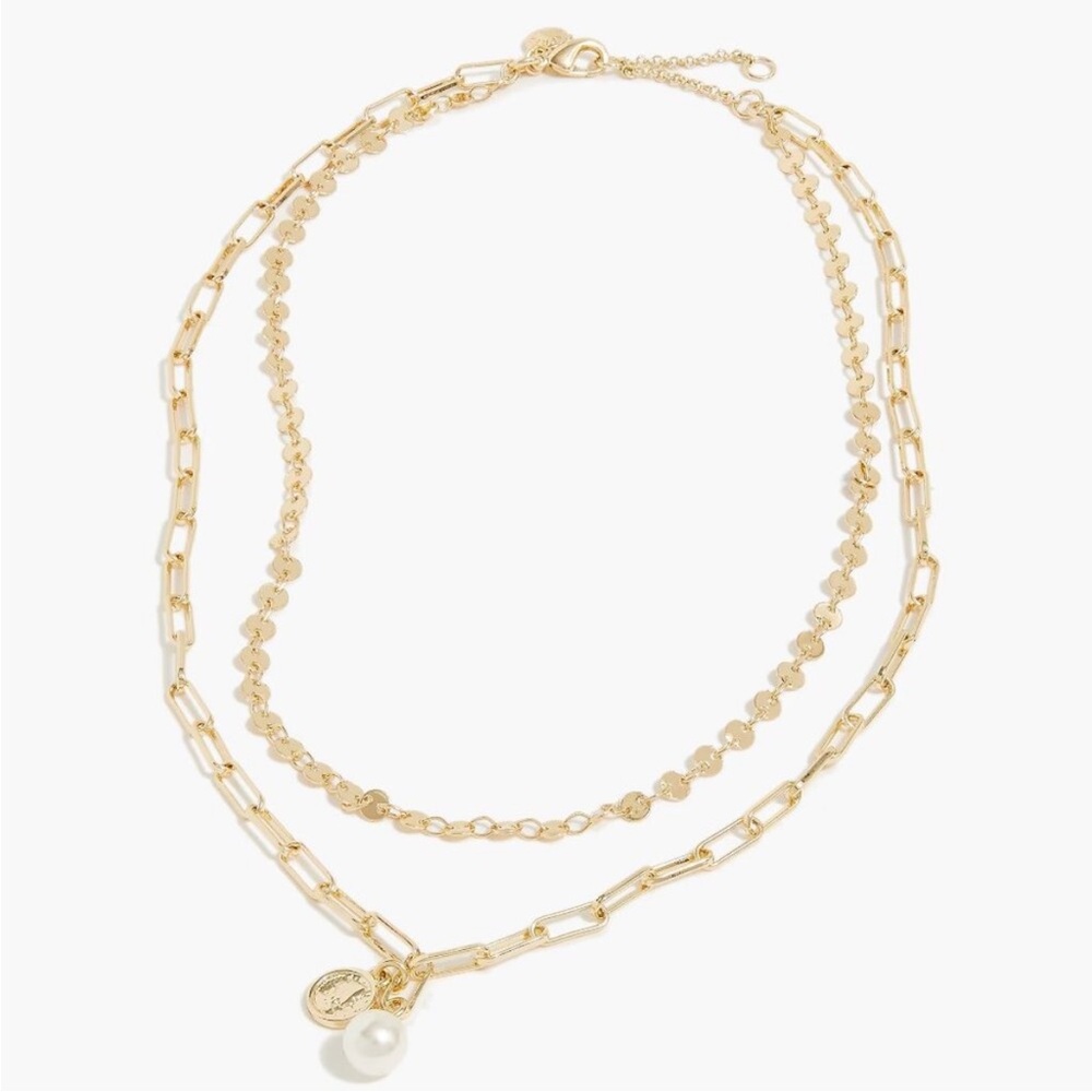 J Crew 2 Layered Coin Pearl Charm Necklace